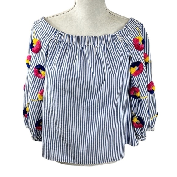 Tanya Taylor Michele Top S Blue & White Stripe Colorful 3D Sleeve Embroidery EUC - Picture 1 of 11